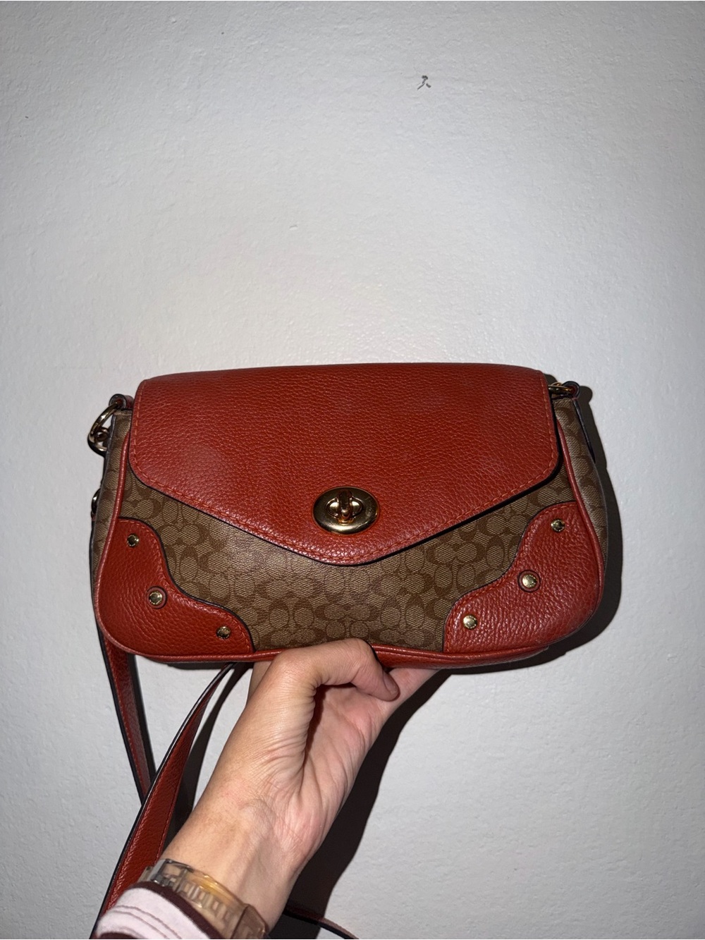 Coach Small Signature Crossbody in Brown and Rust